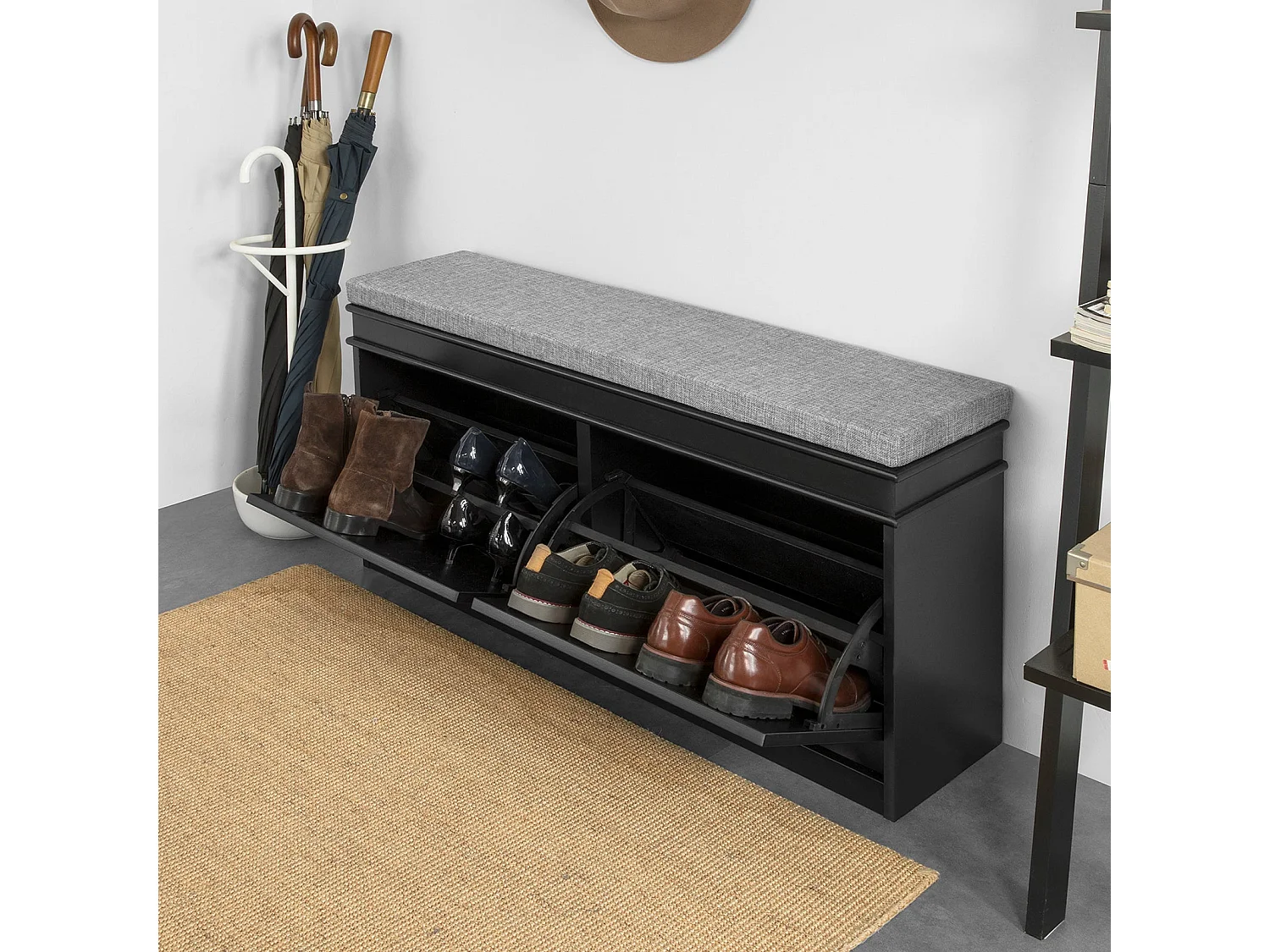 Banc de rangement à Chaussures Armoire à Chaussures 2 Abattants avec Coussin – Noir, FSR64-SCH