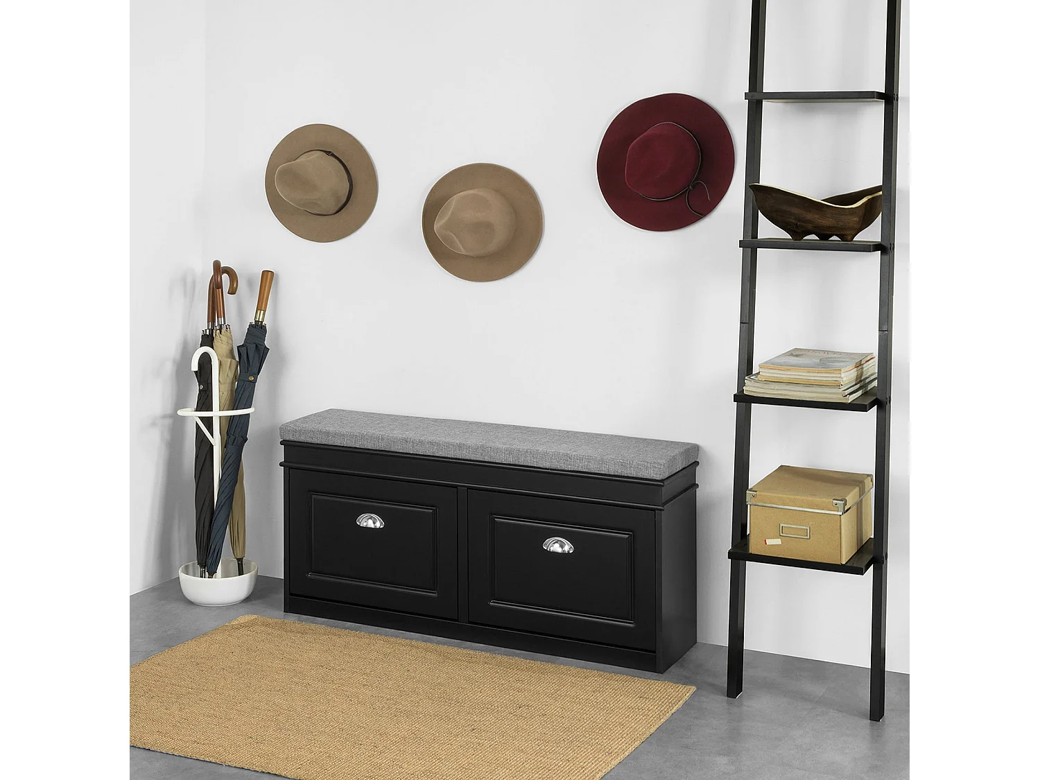 Banc de rangement à Chaussures Armoire à Chaussures 2 Abattants avec Coussin – Noir, FSR64-SCH