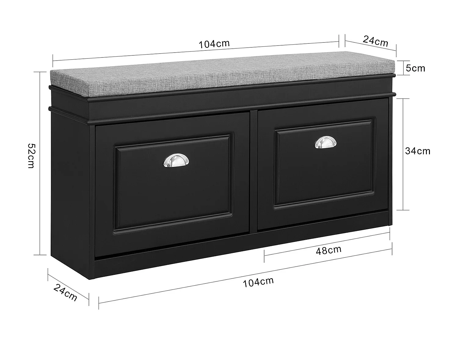 Banc de rangement à Chaussures Armoire à Chaussures 2 Abattants avec Coussin – Noir, FSR64-SCH