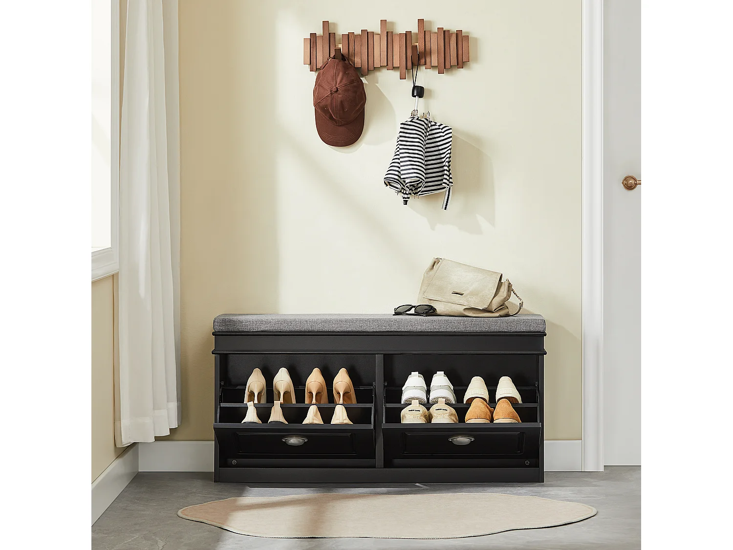 Banc de rangement à Chaussures Armoire à Chaussures 2 Abattants avec Coussin – Noir, FSR64-SCH