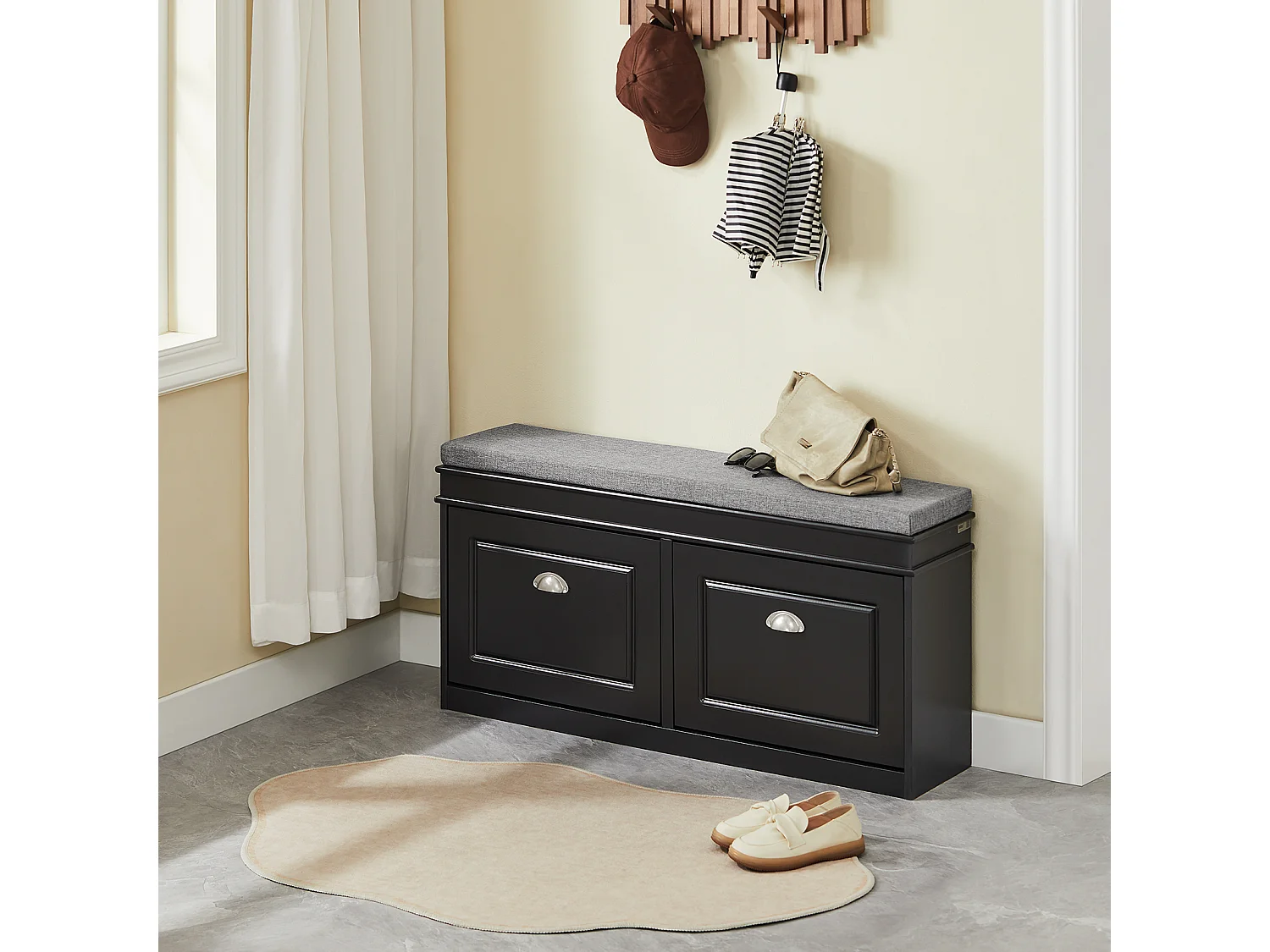 Banc de rangement à Chaussures Armoire à Chaussures 2 Abattants avec Coussin – Noir, FSR64-SCH