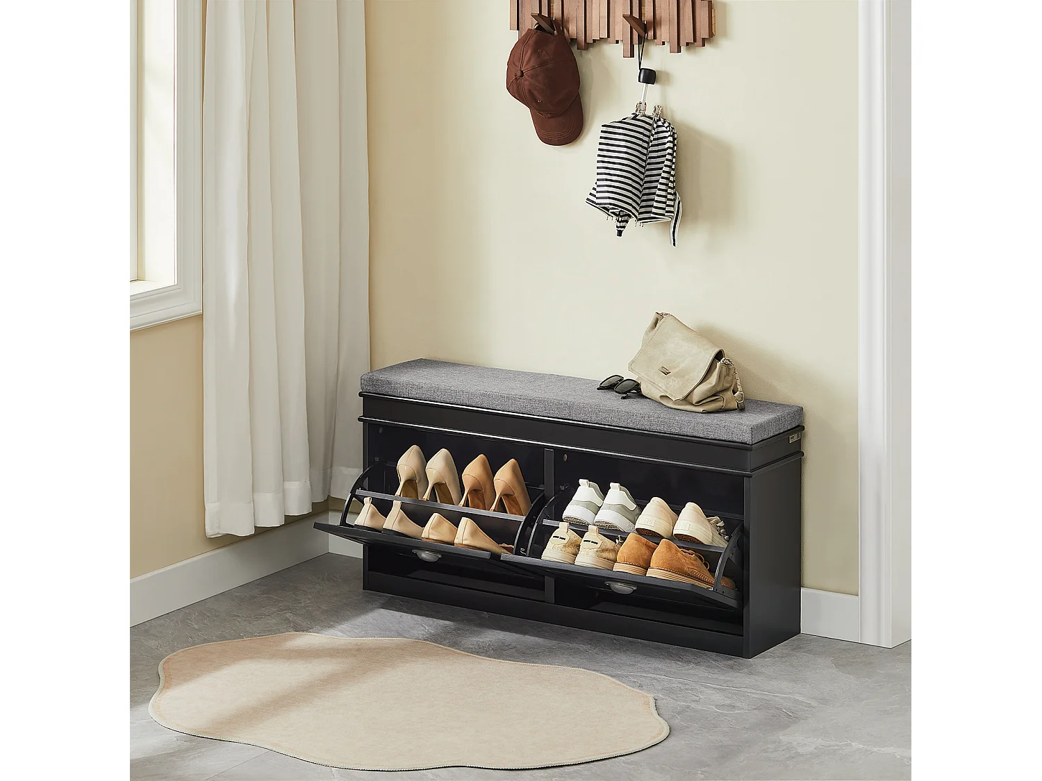 Banc de rangement à Chaussures Armoire à Chaussures 2 Abattants avec Coussin – Noir, FSR64-SCH