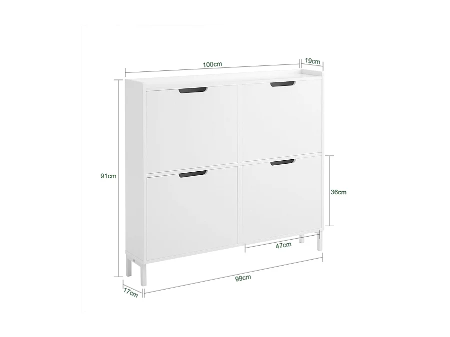 SoBuy FSR100-W Schoenenopbergkast Schoenenkast 4-bladige schoenenkist Hal Opbergkist voor schoenen - Wit, 100x19x91cm