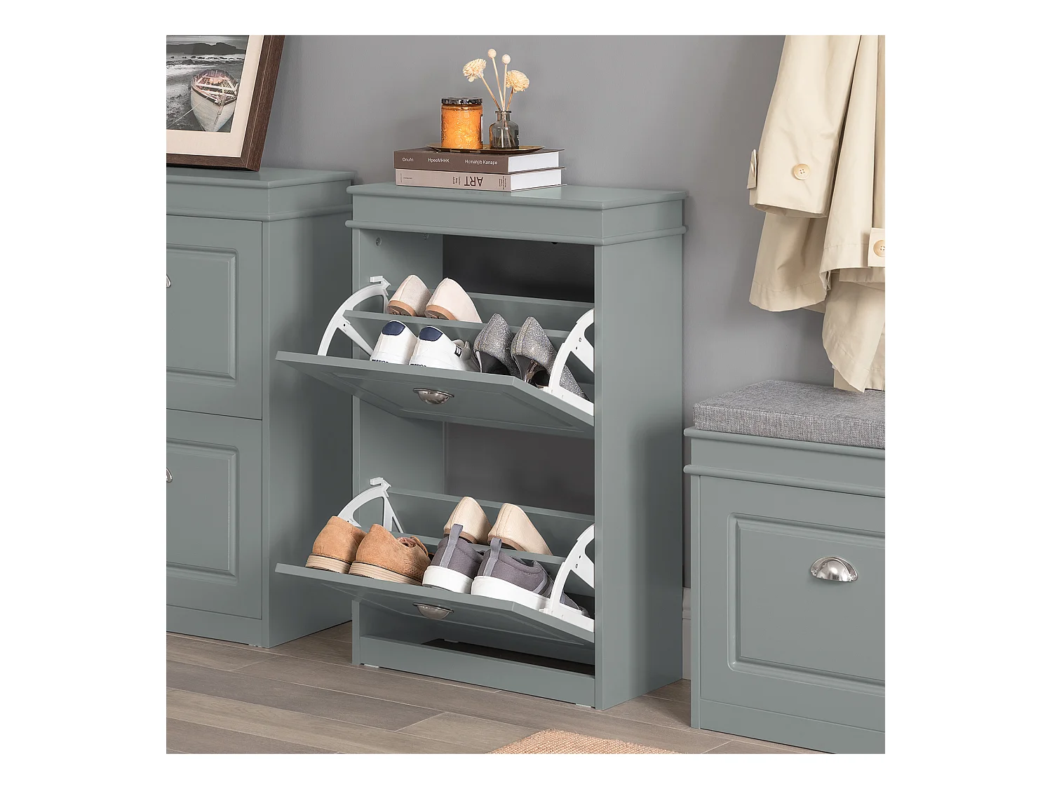 SoBuy FSR100-W Schoenenopbergkast Schoenenkast 4-bladige schoenenkist Hal Opbergkist voor schoenen - Wit, 100x19x91cm