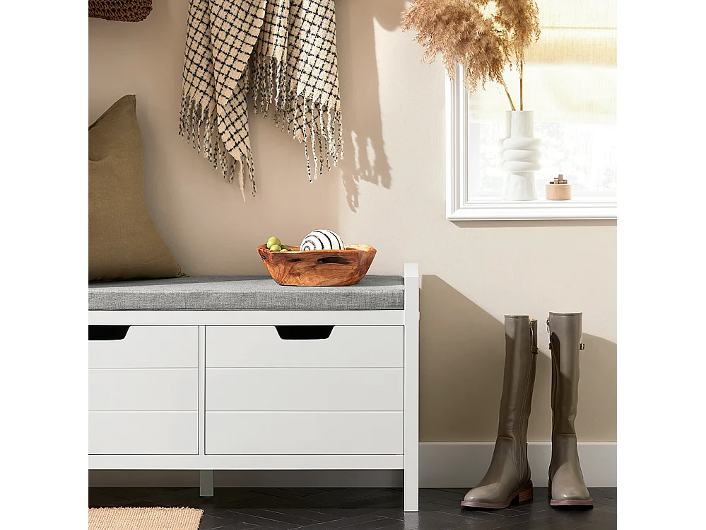 Banc de Rangement Meuble Bas Entrée avec Coussin Rembourré et 2 Portes, Meuble d'Entrée, FSR63-W