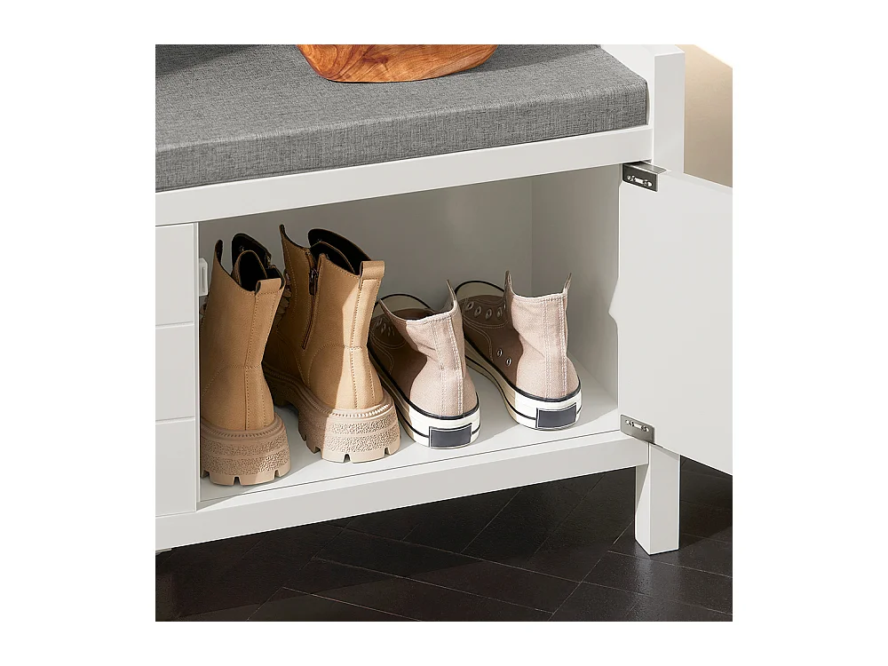 Banc de Rangement Meuble Bas Entrée avec Coussin Rembourré et 2 Portes, Meuble d'Entrée, FSR63-W