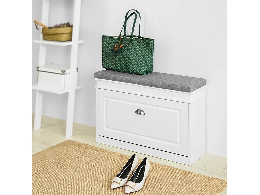Banc À Chaussures Meuble À Chaussures Avec Assise Coussin Rembourré, 75x24x51 Cm, Fsr82-l-w