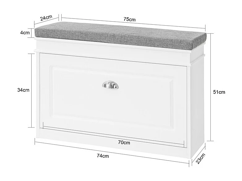 Banc À Chaussures Meuble À Chaussures Avec Assise Coussin Rembourré, 75x24x51 Cm, Fsr82-l-w