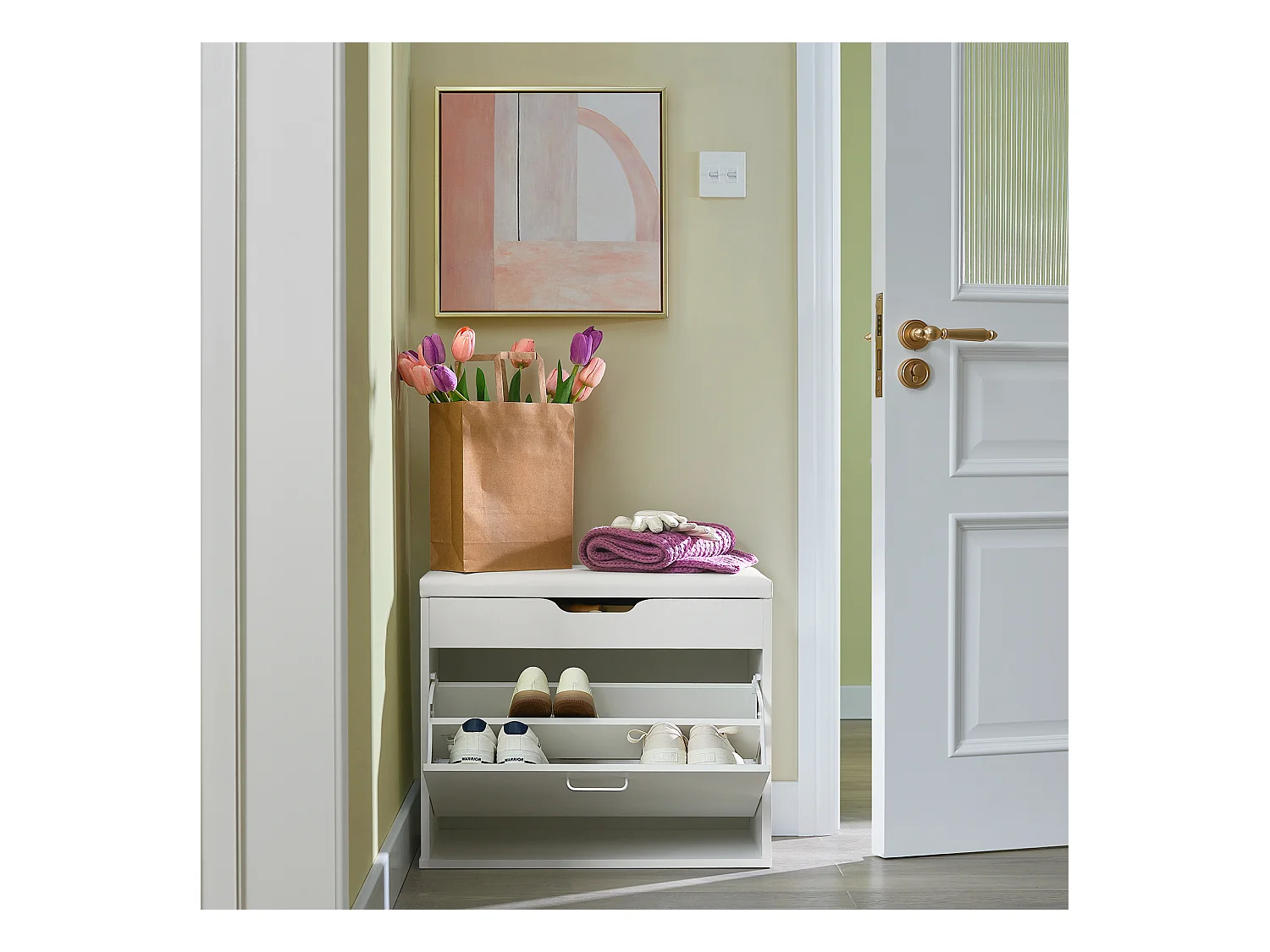 Ławka na buty z siedziskiem i pojemnik Biały FSR95-W