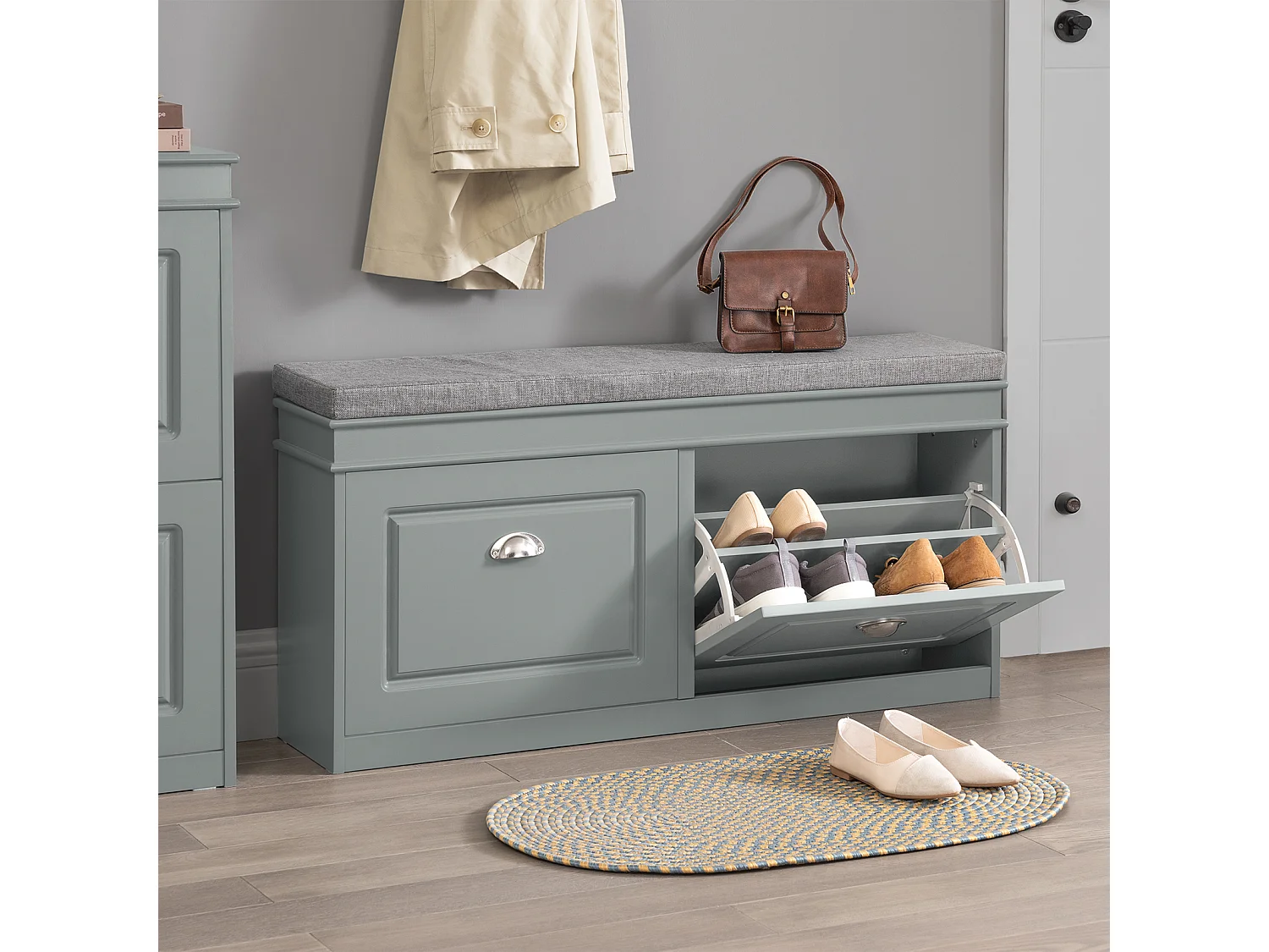 Banc de Rangement à Chaussures Armoire à Chaussures 2 Abattants avec Coussin Confortable, FSR64-HG