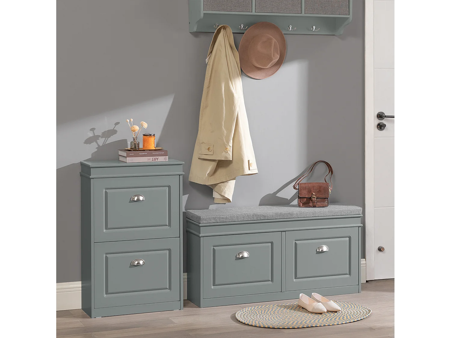 Banc de Rangement à Chaussures Armoire à Chaussures 2 Abattants avec Coussin Confortable, FSR64-HG