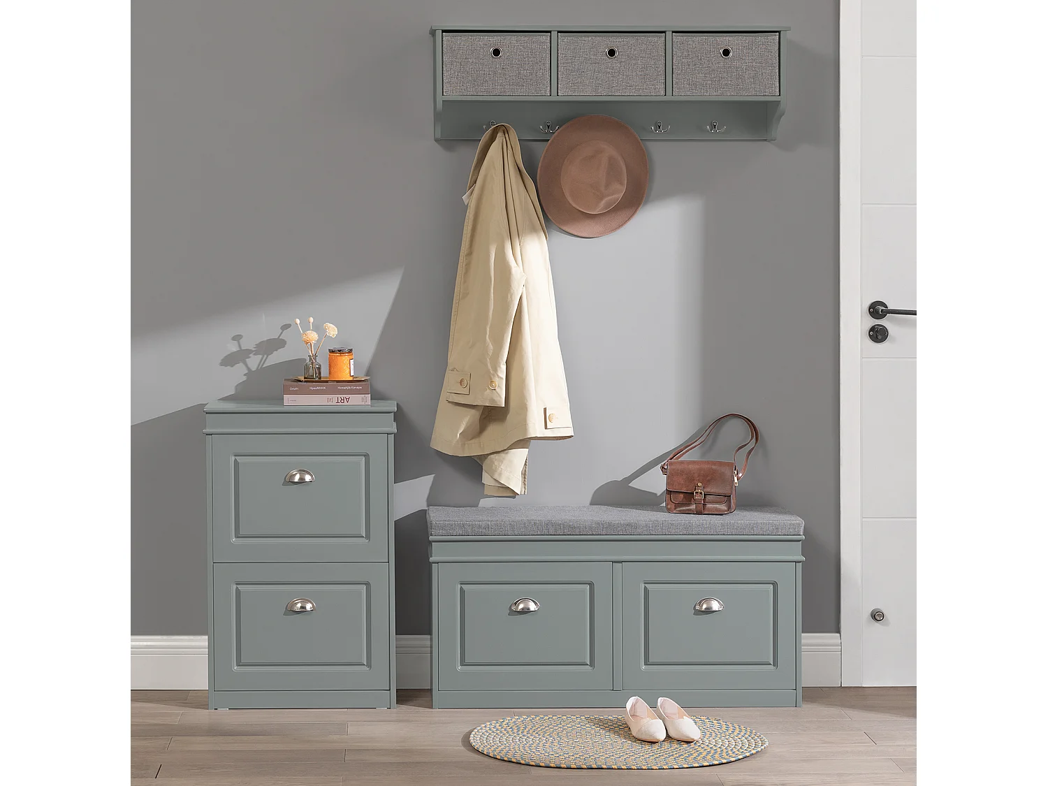 Banc de Rangement à Chaussures Armoire à Chaussures 2 Abattants avec Coussin Confortable, FSR64-HG