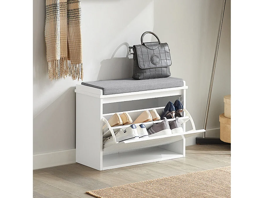 Banc à Chaussures Meuble à Chaussures avec Assise Coussin Rembourré et Abattant, FSR98-W