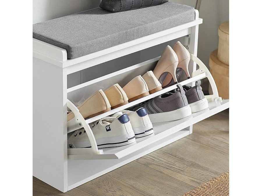 Banc à Chaussures Meuble à Chaussures avec Assise Coussin Rembourré et Abattant, FSR98-W