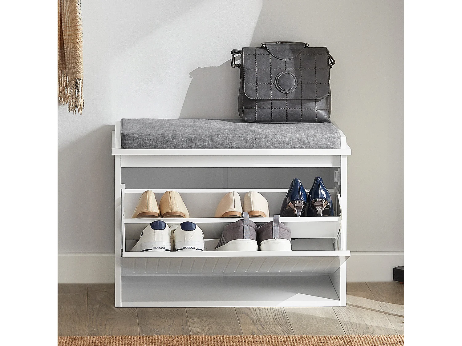 Banc à Chaussures Meuble à Chaussures avec Assise Coussin Rembourré et Abattant, FSR98-W