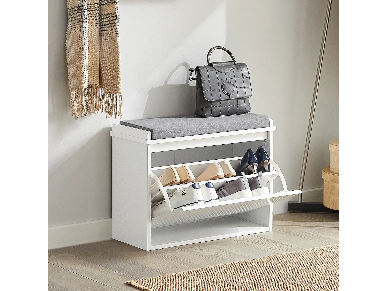 Banc à Chaussures Meuble à Chaussures avec Assise Coussin Rembourré et Abattant, FSR98-W