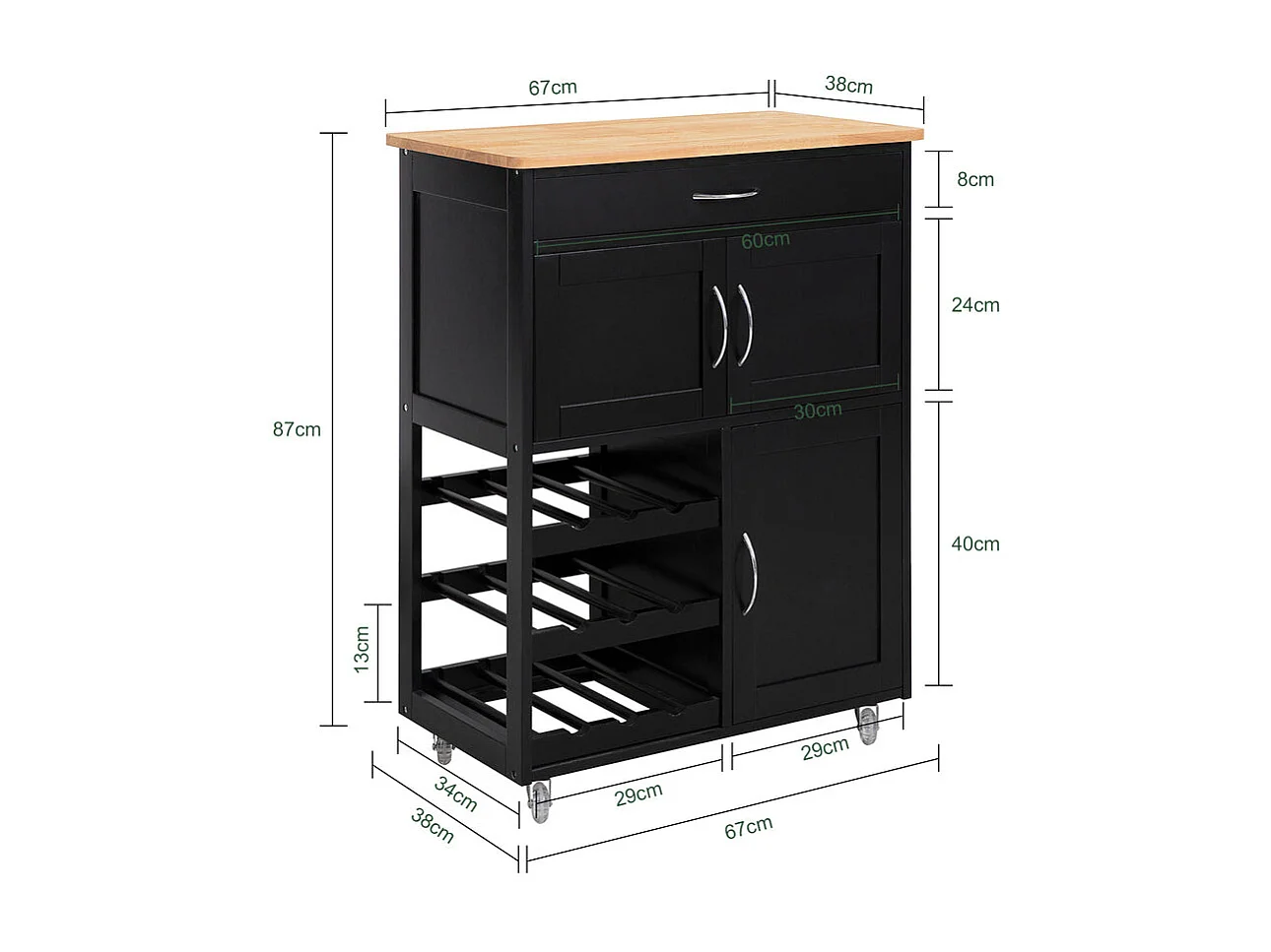 SoBuy Carrello di servizio Credenza in legno mobile cucina Nero FKW45-SCH
