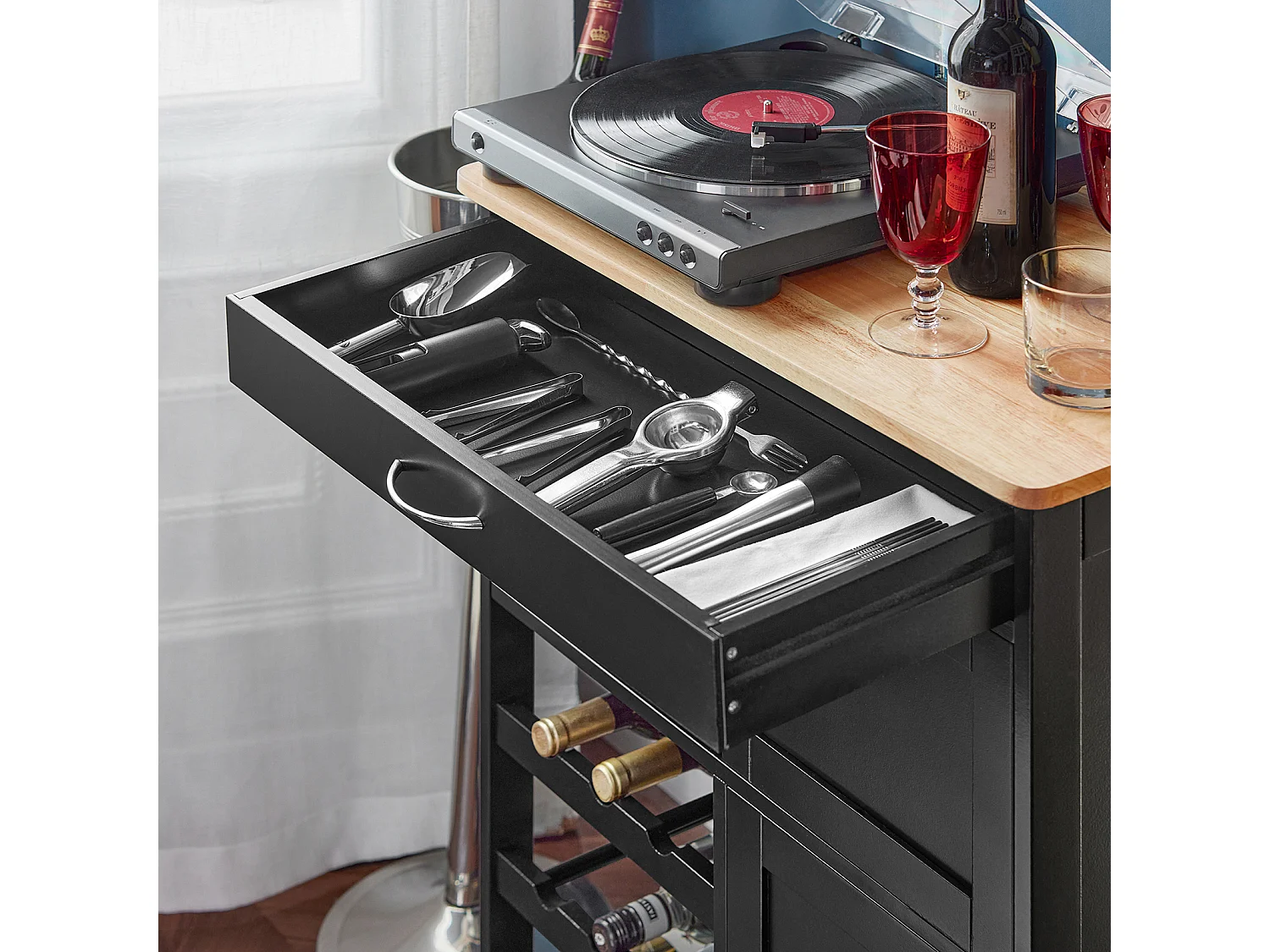 SoBuy Carrello di servizio Credenza in legno mobile cucina Nero FKW45-SCH