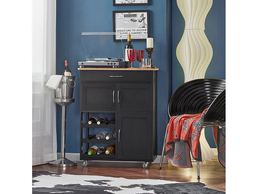 Desserte Chariot De Cuisine De Service Roulant, Meuble Armoire De Rangement Cusine Noir, Fkw45-sch