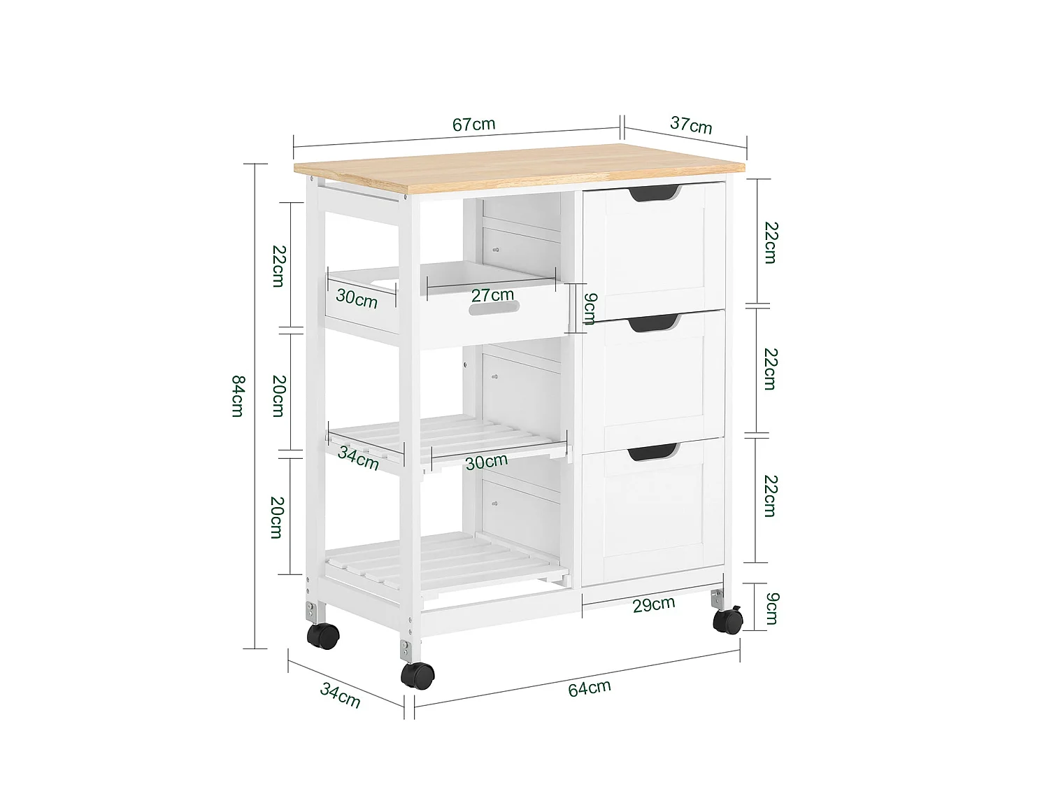 Kitchen Trolley - 3 Drawers & Basket - Modern Farmhouse