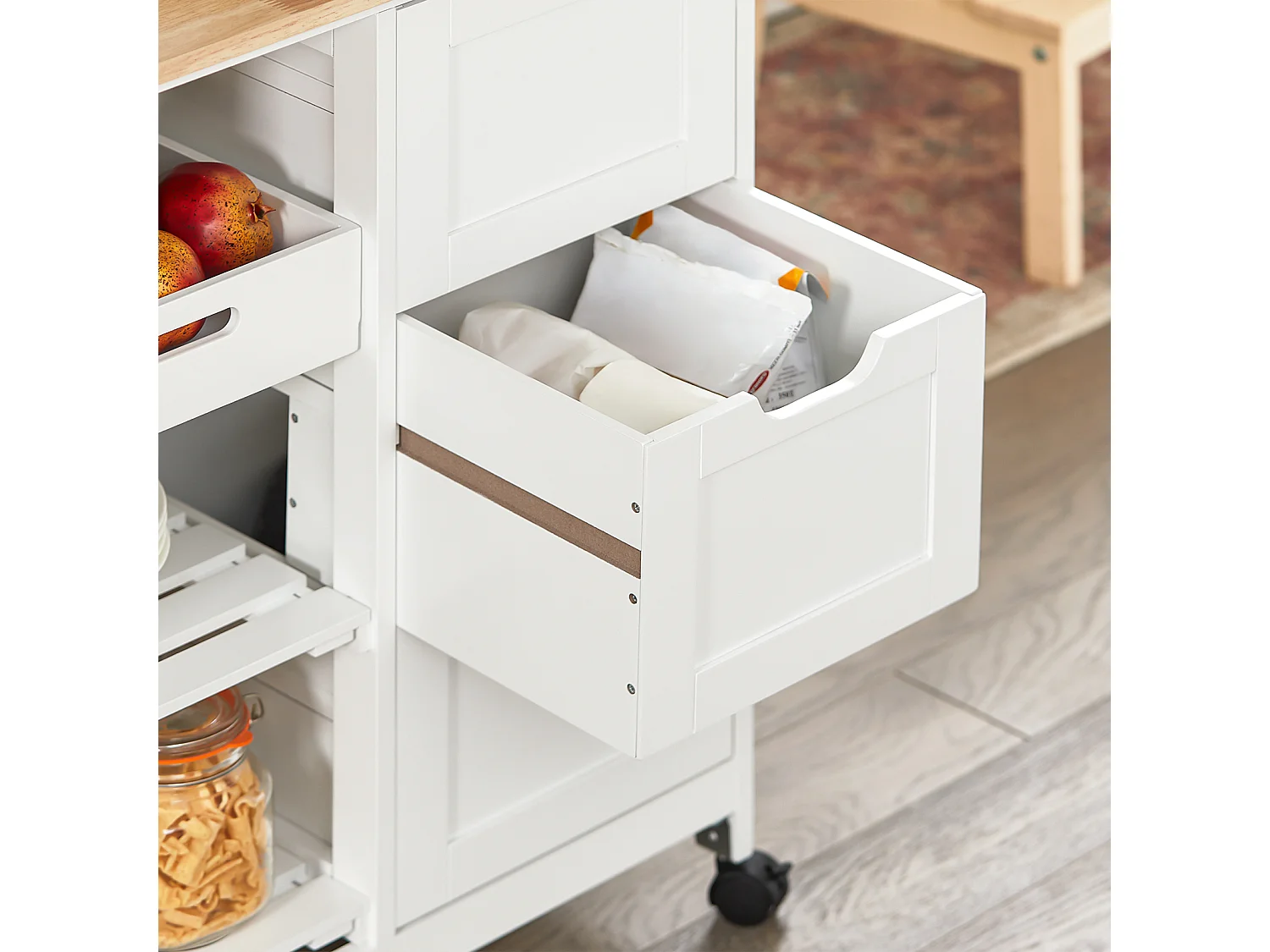 Kitchen Trolley - 3 Drawers & Basket - Modern Farmhouse