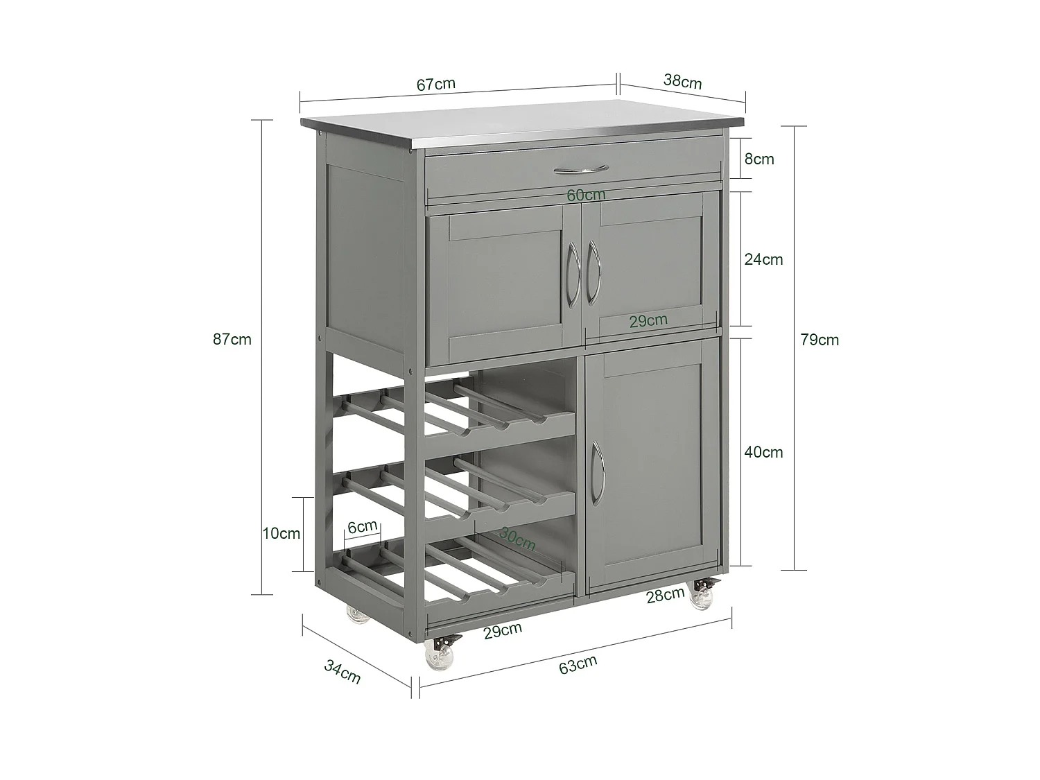 SoBuy FKW45-HG Serveerwagen Rollende Keukenwagen, Keuken Opbergkast op Wielen, Roestvrijstalen Lade, Grijs