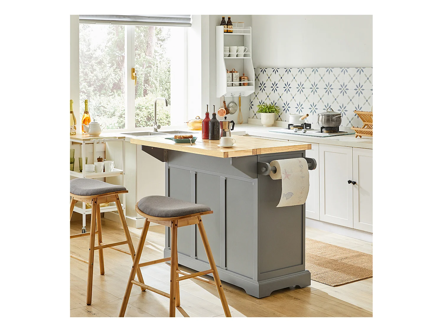 îlot de Cuisine Desserte sur roulettes Meuble de Cuisine avec Plans de Travail Rabattable, FKW71-HG