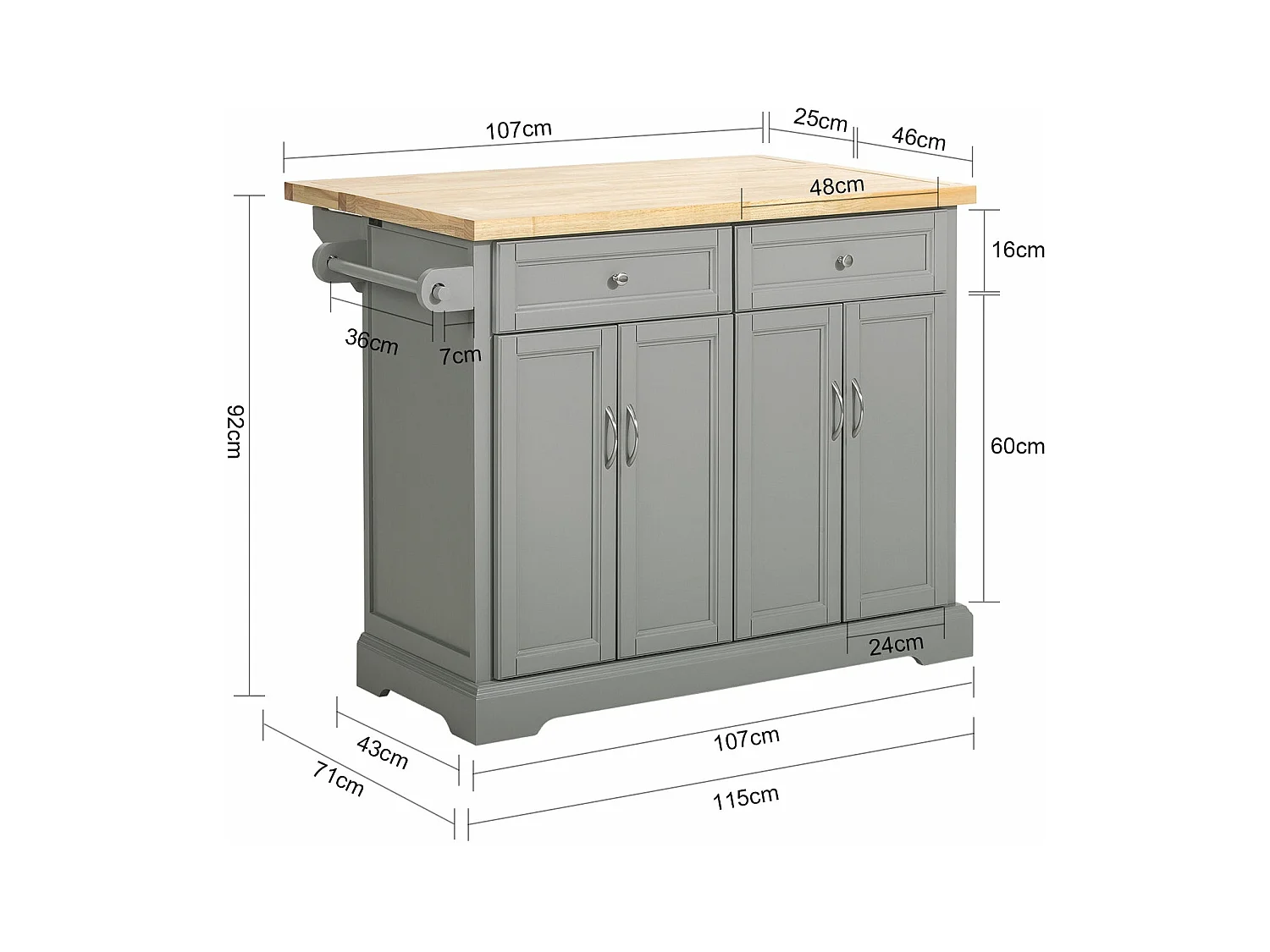 îlot de Cuisine Desserte sur roulettes Meuble de Cuisine avec Plans de Travail Rabattable, FKW71-HG