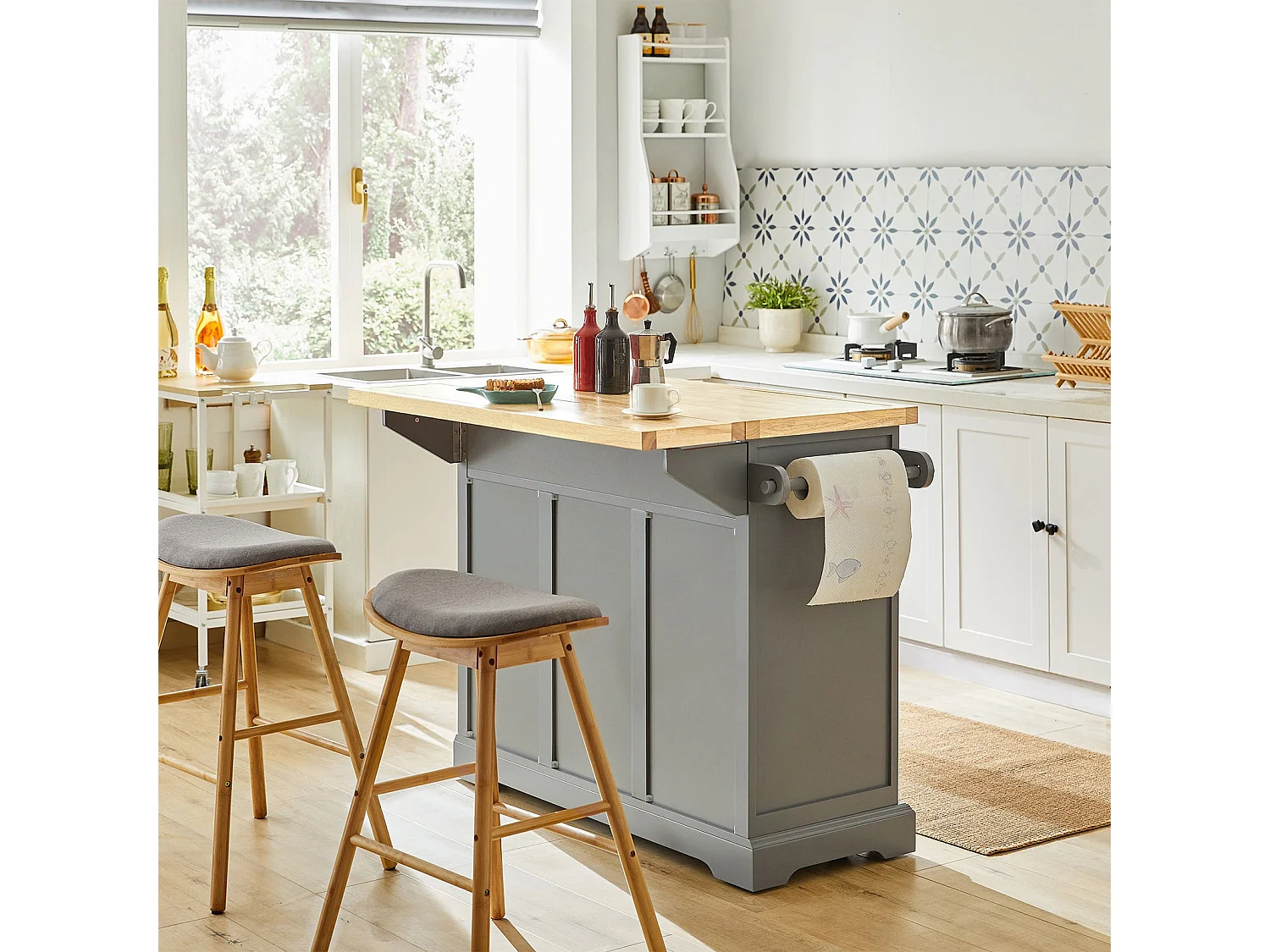 îlot de Cuisine Desserte sur roulettes Meuble de Cuisine avec Plans de Travail Rabattable, FKW71-HG