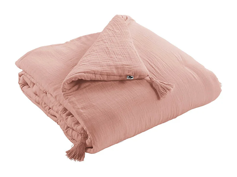OUREA - Couvre-pied 150x150cm Capitonné Gaze de Coton Rose Pêche