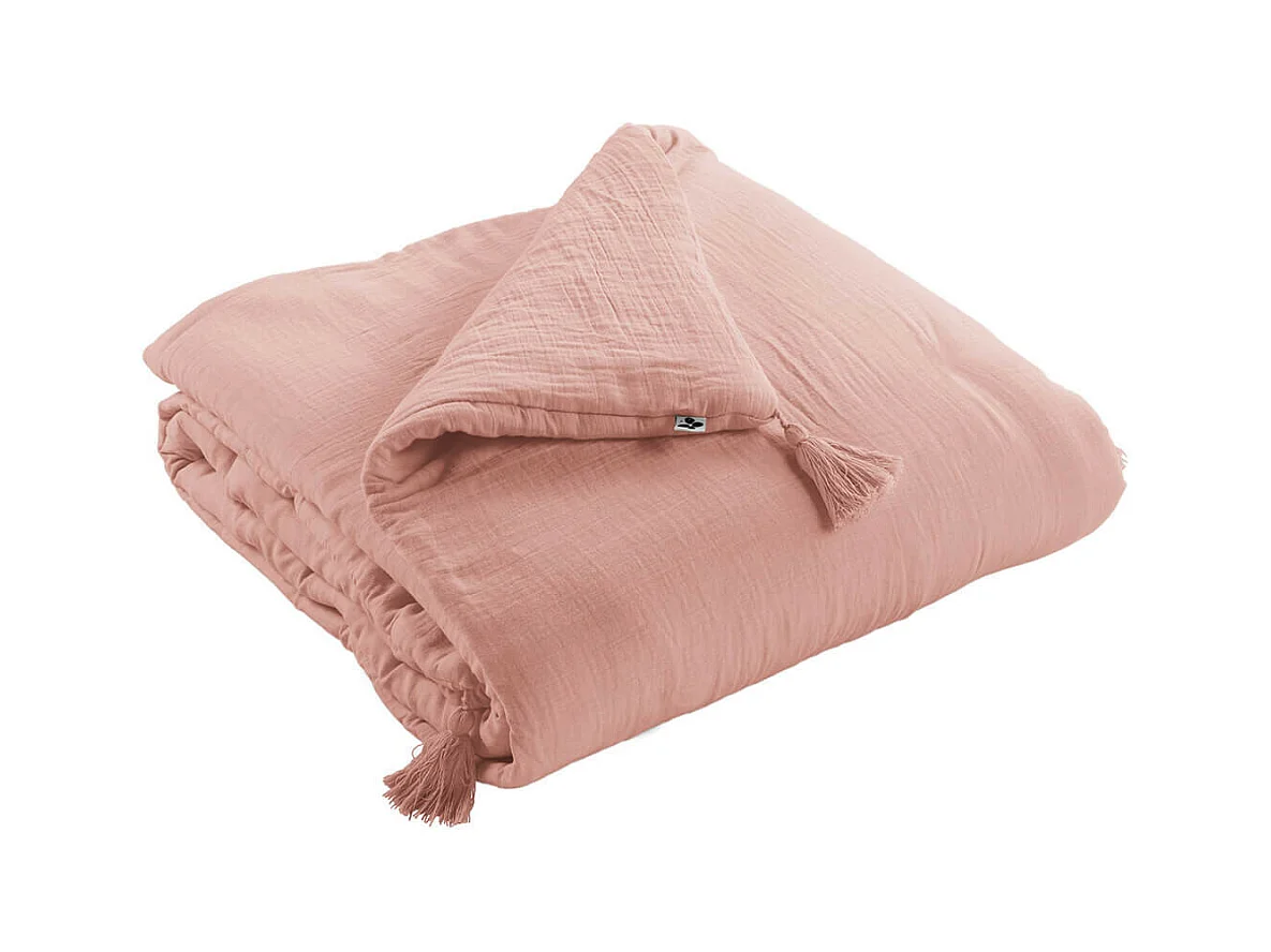 OUREA - Couvre-pied 150x150cm Capitonné Gaze de Coton Rose Pêche