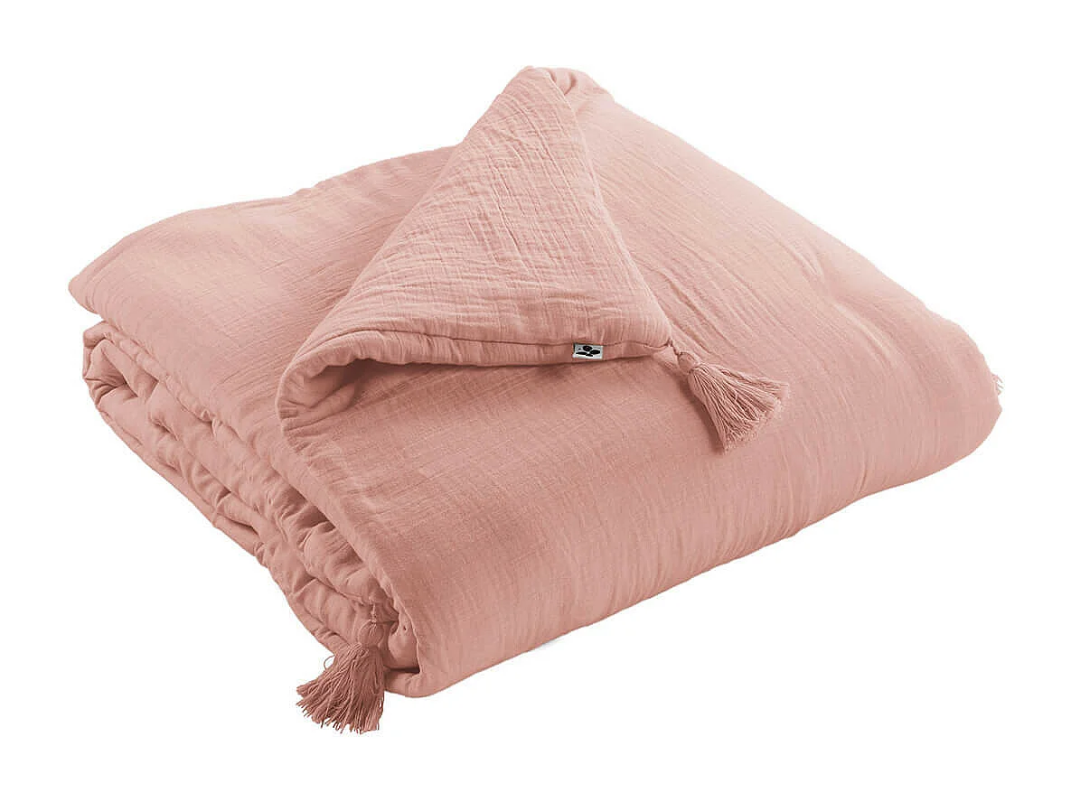 OUREA - Couvre-pied 150x150cm Capitonné Gaze de Coton Rose Pêche