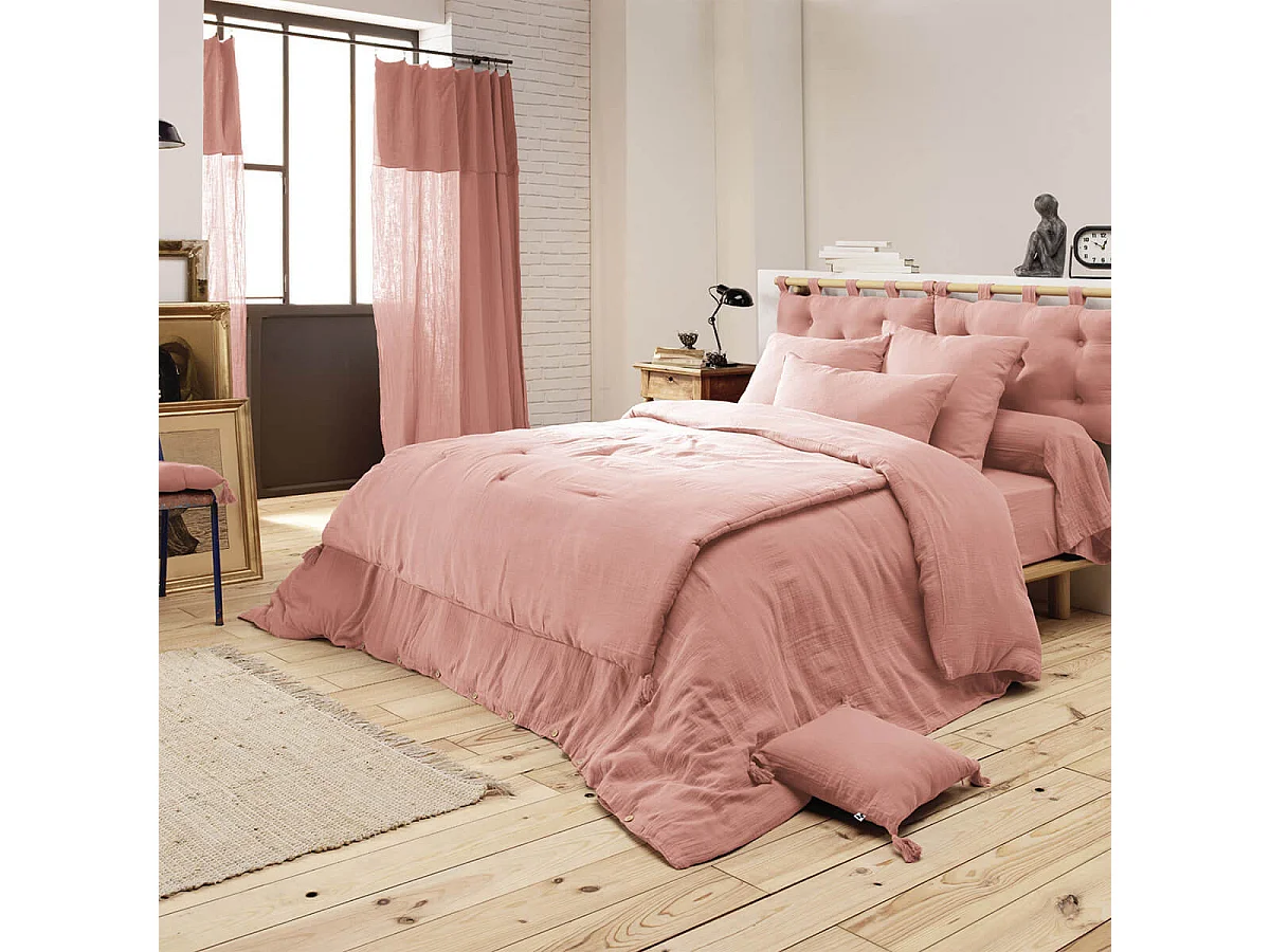 OUREA - Couvre-pied 150x150cm Capitonné Gaze de Coton Rose Pêche