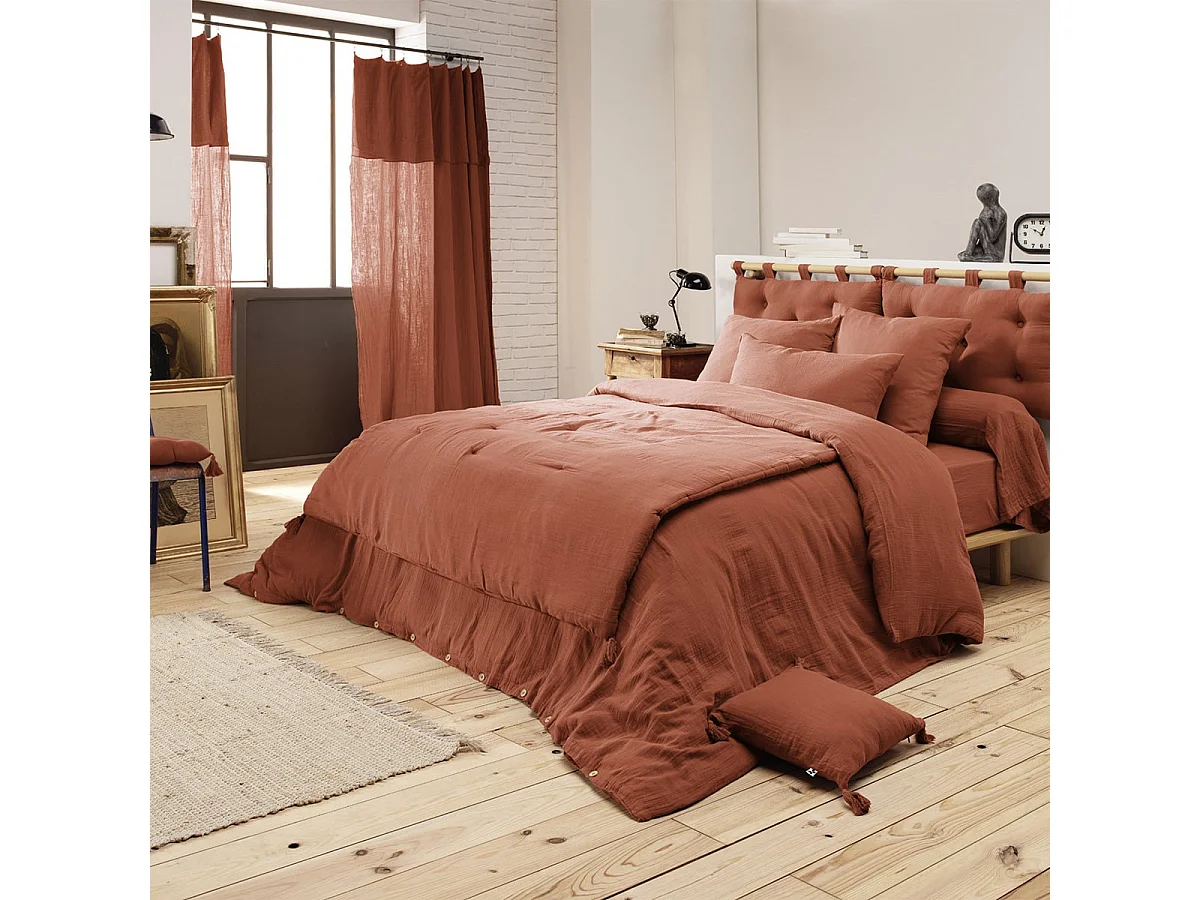 OUREA - Couvre-pied 150x150cm Capitonné Gaze de Coton Terracotta