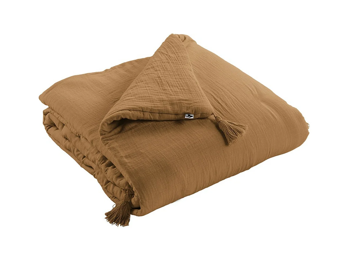OUREA - Couvre-pied 150x150cm Capitonné Gaze de Coton Camel
