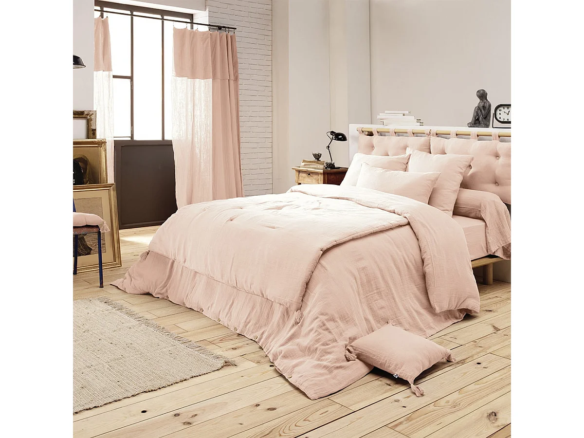 OUREA - Couvre-pied 150x150cm Capitonné Gaze de Coton Guimauve