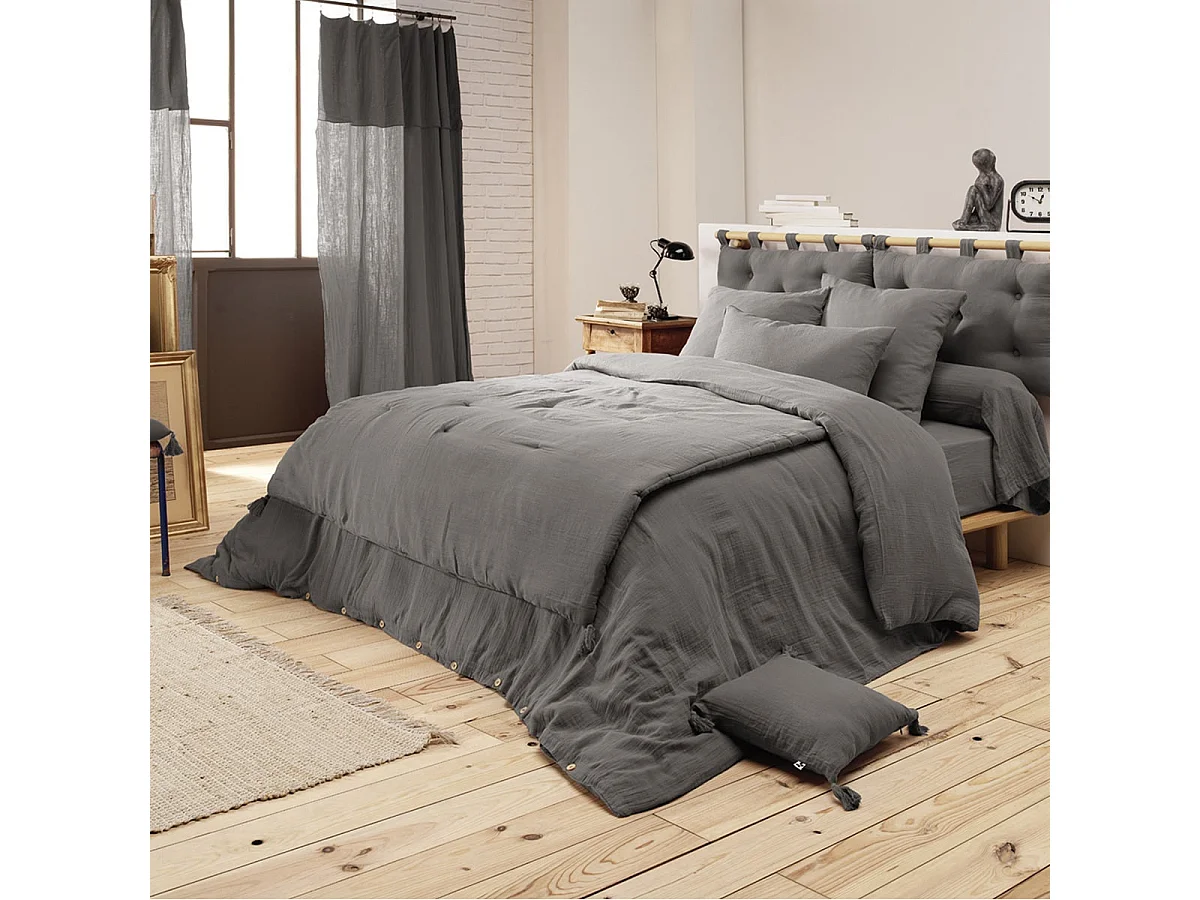 OUREA - Couvre-pied 150x150cm Capitonné Gaze de Coton Granit