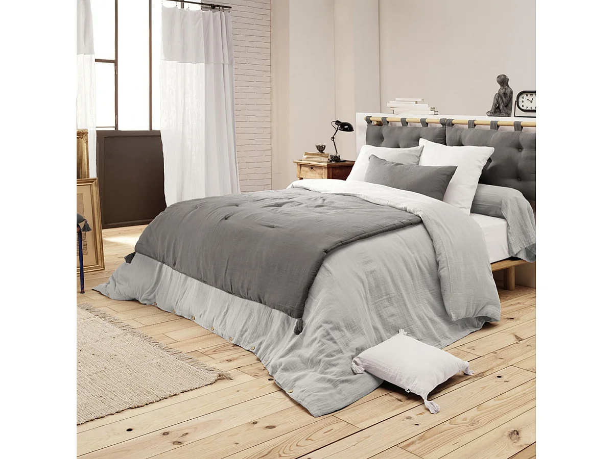 OUREA - Couvre-pied 150x150cm Capitonné Gaze de Coton Granit