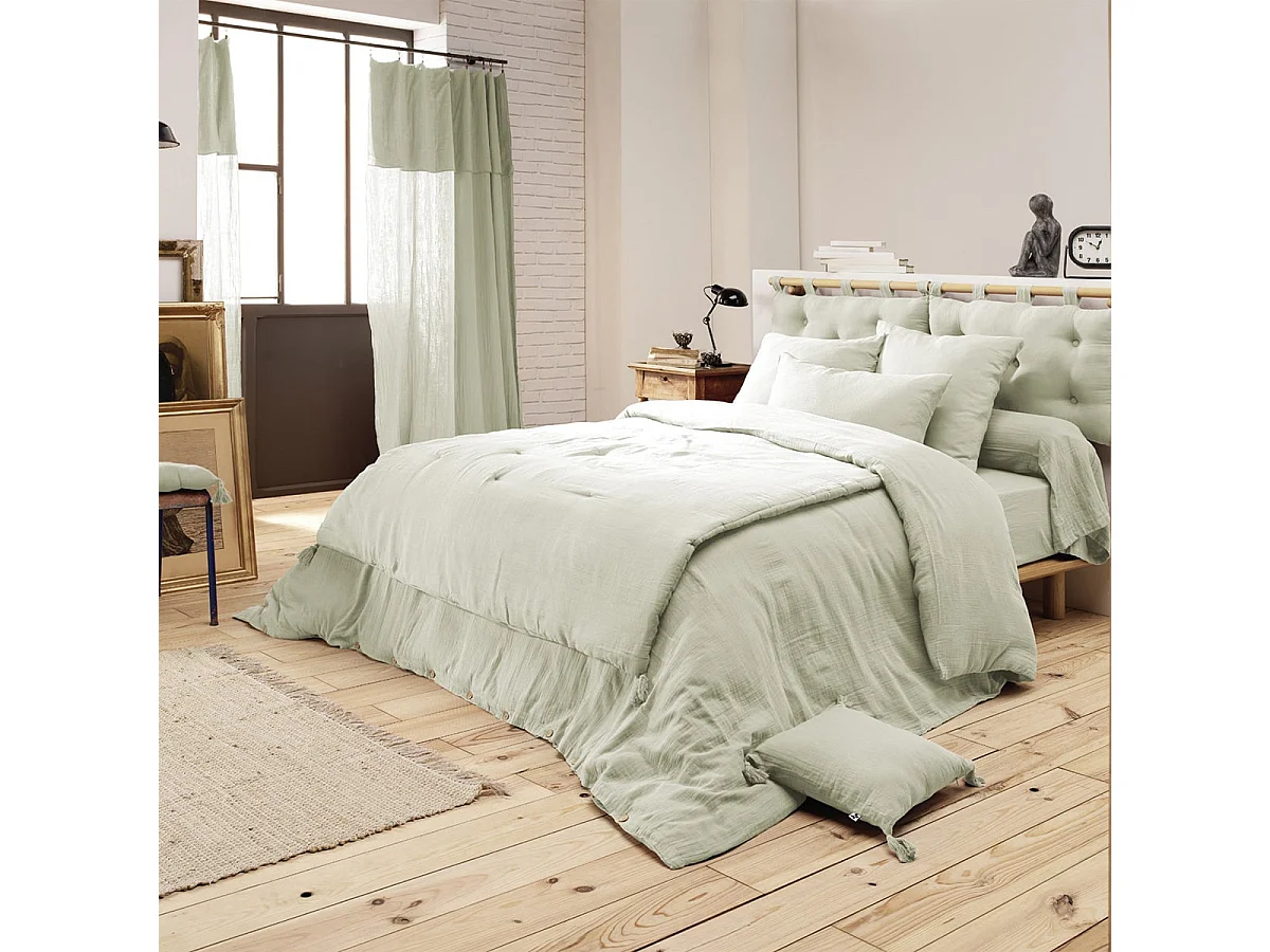 OUREA - Couvre-pied 150x150cm Capitonné Gaze de Coton Vert d'Eau