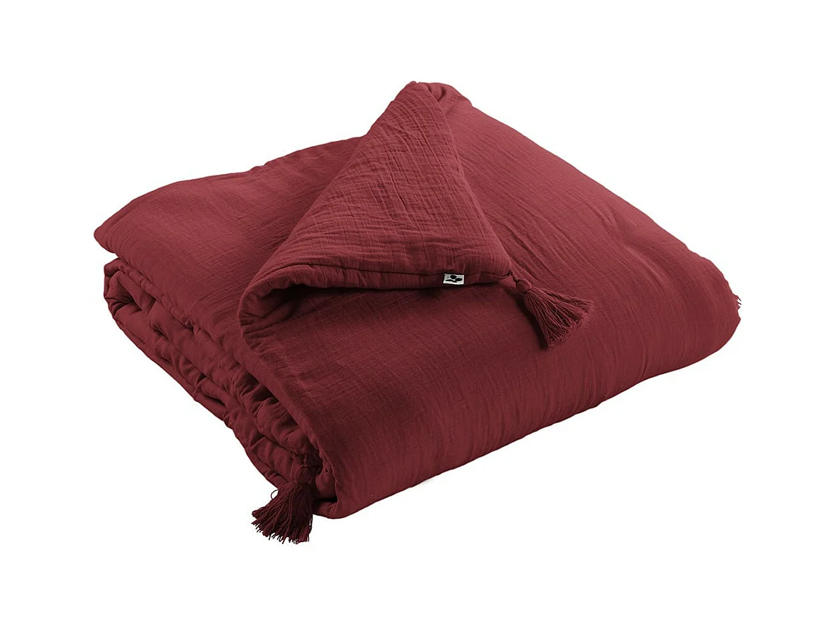 OUREA - Couvre-pied 150x150cm Capitonné Gaze de Coton Lie de Vin