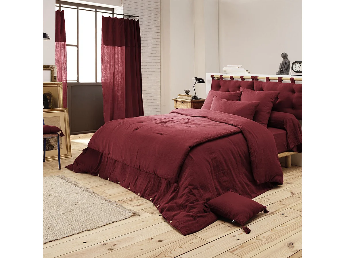 OUREA - Couvre-pied 150x150cm Capitonné Gaze de Coton Lie de Vin