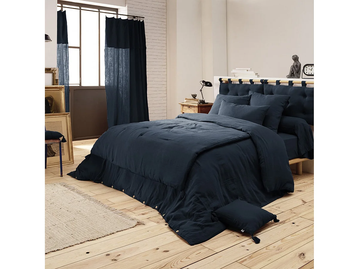 OUREA - Couvre-pied 150x150cm Capitonné Gaze de Coton Minuit