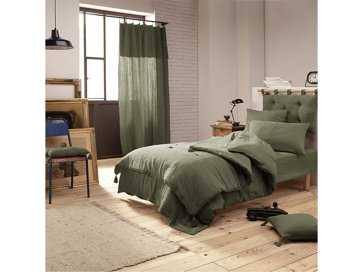 OUREA - Couvre-pied 150x150cm Capitonné Gaze de Coton Romarin Olive