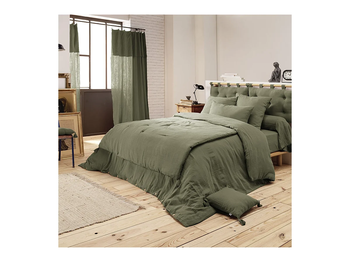 OUREA - Couvre-pied 150x150cm Capitonné Gaze de Coton Romarin Olive