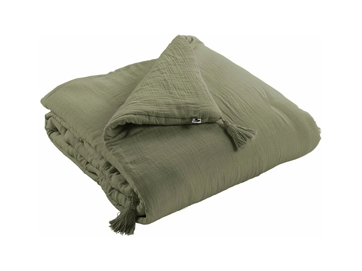 OUREA - Couvre-pied 150x150cm Capitonné Gaze de Coton Romarin Olive