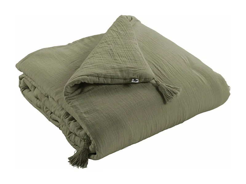 OUREA - Couvre-pied 150x150cm Capitonné Gaze de Coton Romarin Olive