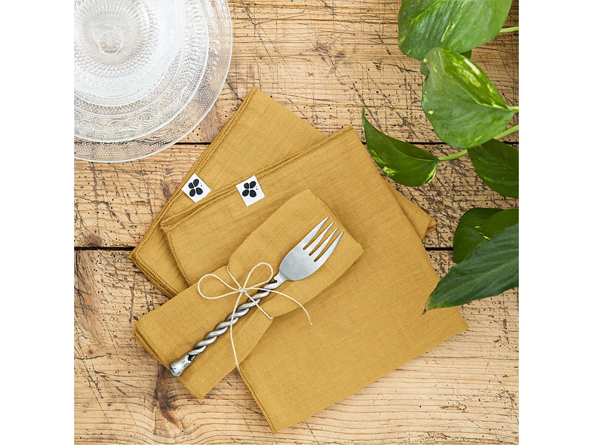 OUREA - Lot de 3 Serviettes 40x40cm Gaze de Coton Safran