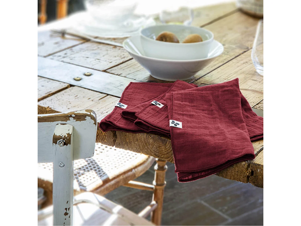 OUREA - Lot de 3 Serviettes 40x40cm Gaze de Coton Lie de Vin