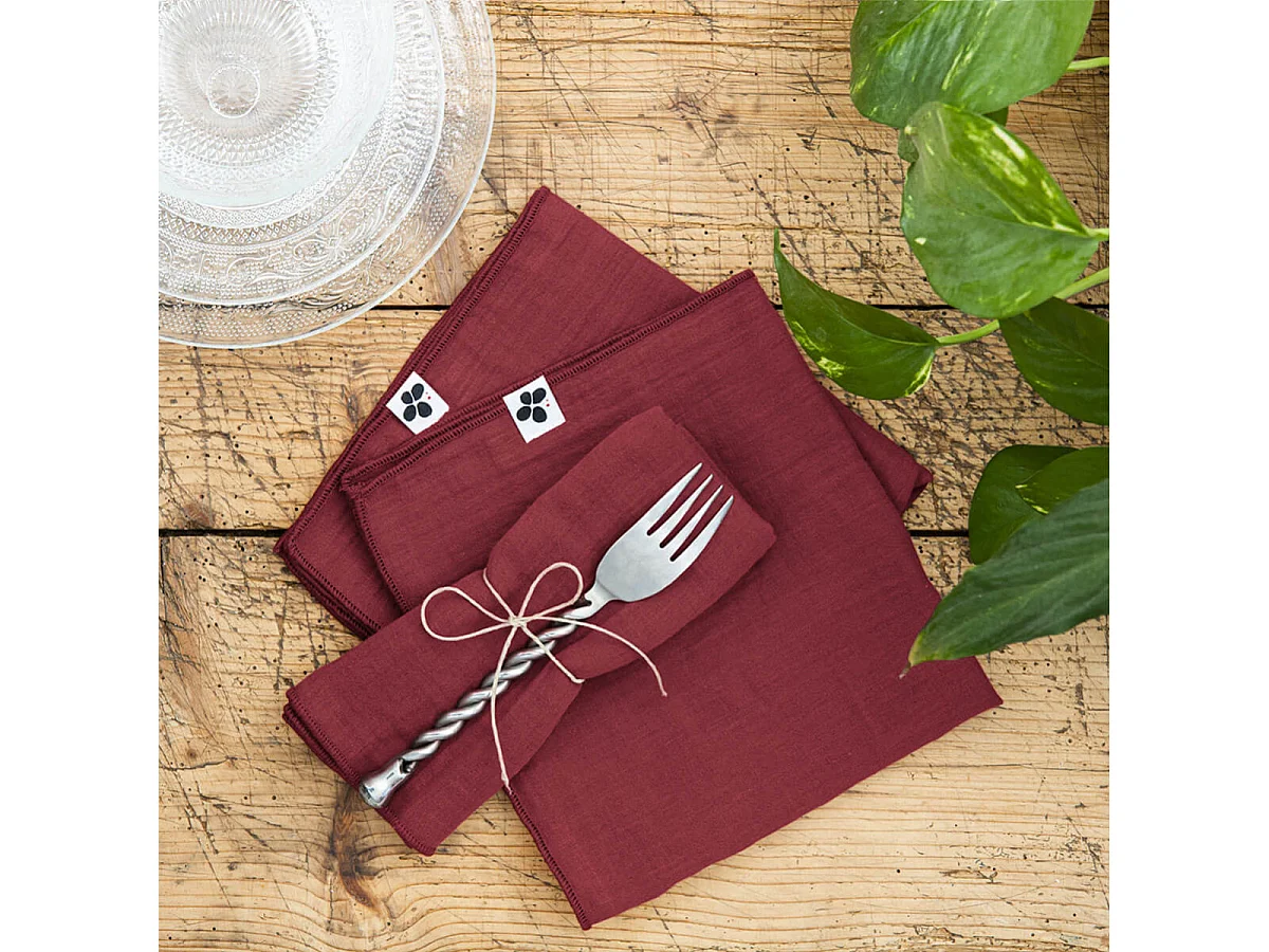 OUREA - Lot de 3 Serviettes 40x40cm Gaze de Coton Lie de Vin