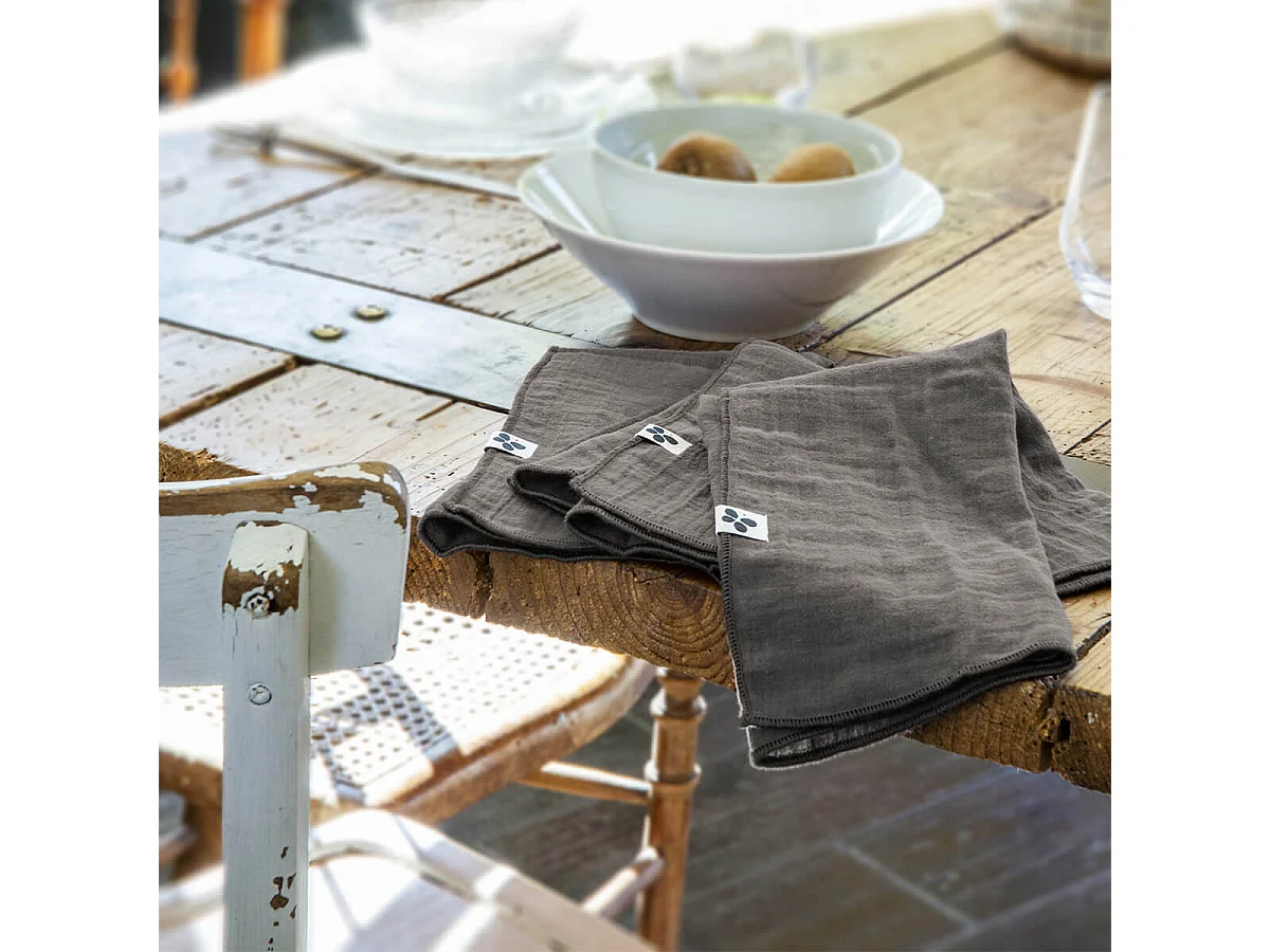 OUREA - Lot de 3 Serviettes 40x40cm Gaze de Coton Granit